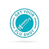 Get your flu shot vaccine sign with blue syringe icon.