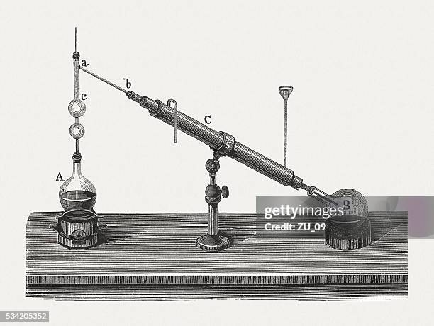 fractional distillation, wood engraving, published in 1880 - distillation stock illustrations