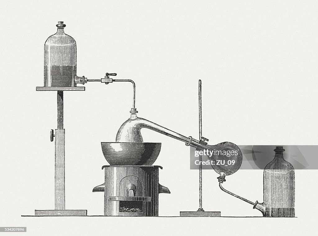 Preparation of diethyl ether, wood engraving, published in 1880