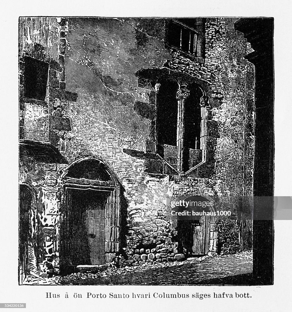 Christopher Columbus Childhood Home in Portofino, Italy Engraving, Circa 1450