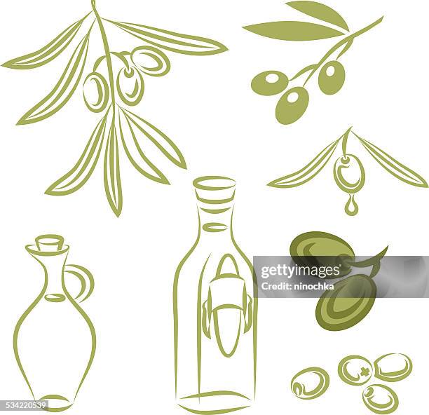 olive-set - green olive fruit stock-grafiken, -clipart, -cartoons und -symbole