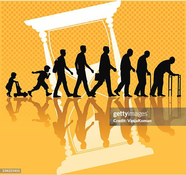 ilustrações de stock, clip art, desenhos animados e ícones de pessoas e o processo de envelhecimento com ampulheta - ciclo de vida