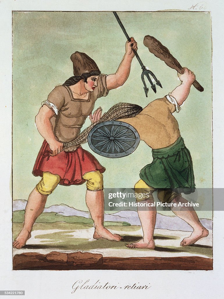 19th-Century Lithograph of Retiarius and Secutor Gladiators from Ancient Rome