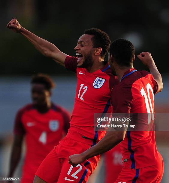 Lewis Baker of England celebrates his sides first goal during the Toulon Tournament match between Paraguay and England at Stade Antoinr Baptiste on...