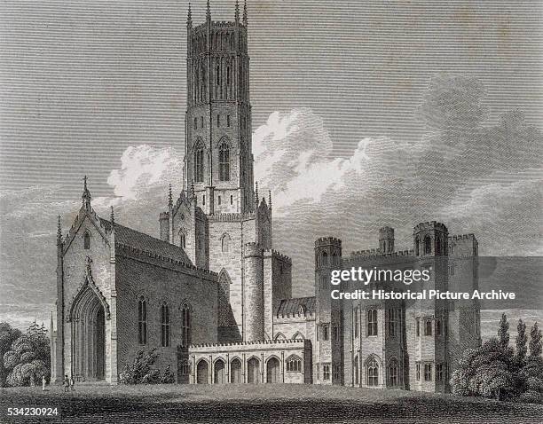 An 1812 engraving by James Storer depicts the south west of Fonthill Abbey.