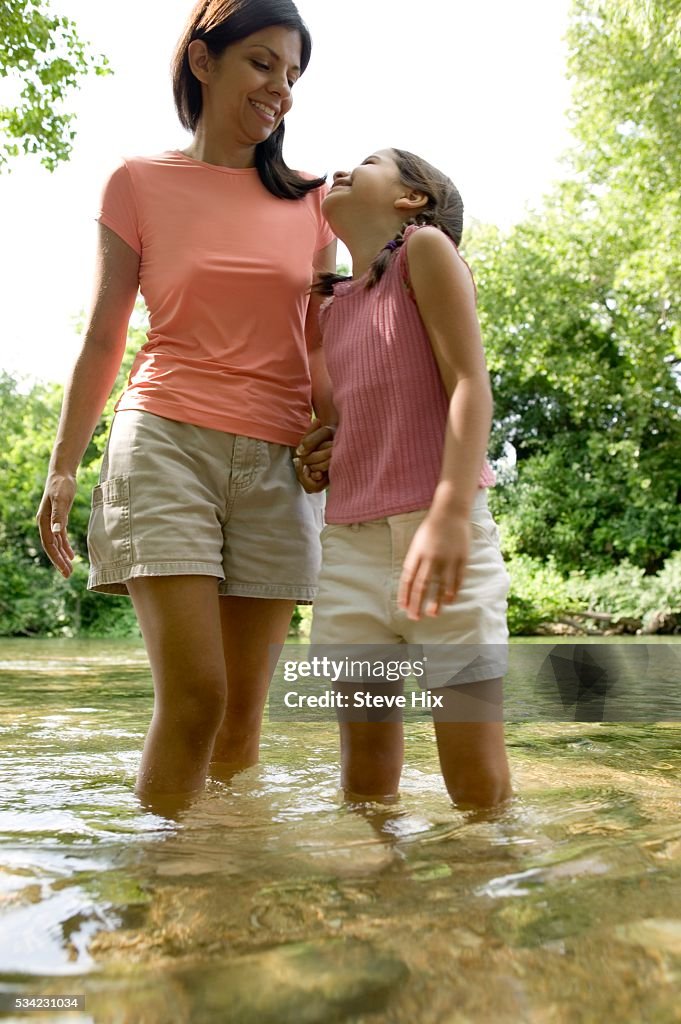 Mother and Daughter Wading in Stream