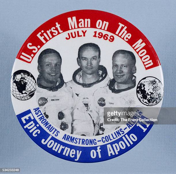 Pinback button commemorating the epic journey of Apollo 11.