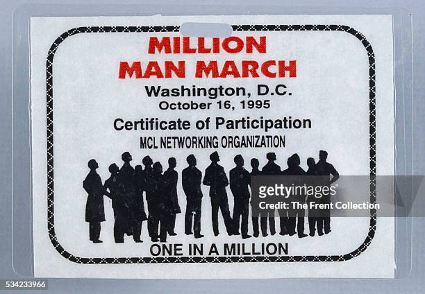 Million Man March participation badge from the October 16, 1995 Washington, D.C. Event, organized by Louis Farrakan, leader of the Black Muslims.