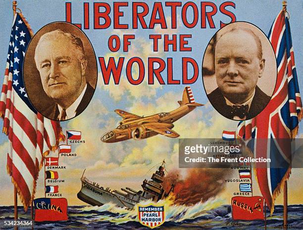 World War II era poster showing portraits of Franklin Roosevelt and Winston Churchill with the title "Liberators of The World". The poster also shows...