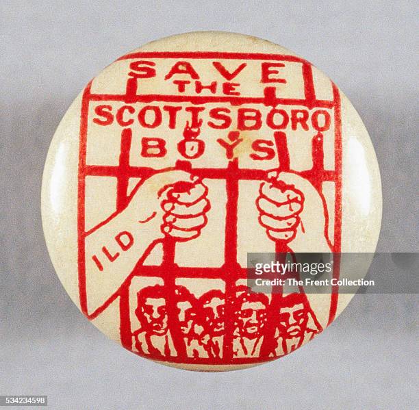 "Save The Scottsboro Boys" button. Donatipn pin from the International Labor Defense that sought to represent to Scottsboro Boys who were falsely...