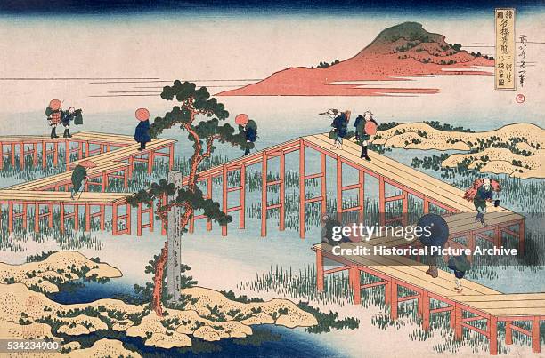 Woodblock print of an eight-part bridge in Mucawa by Hokusai .