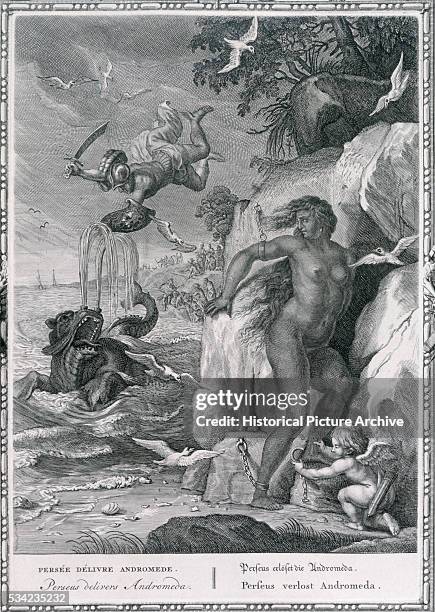 An 18th century engraving by B. Picart, showing Perseus rescuing Andromeda from the Kraken.