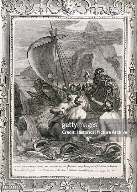 An 18th century engraving of Ulysses' encounter with the Sirens, by B. Picart.