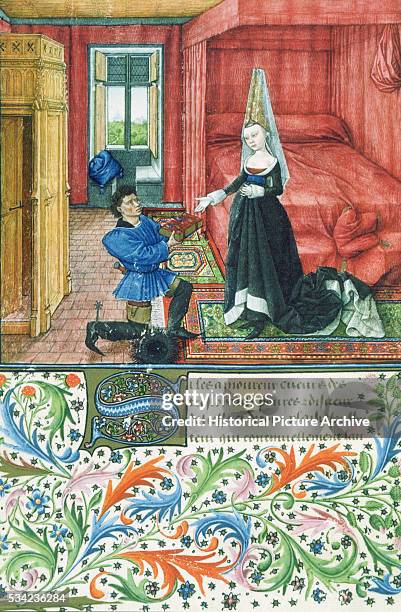 Manuscript Illumination Depicting Author Dedicating French Translation of Book to Unknown Woman by Giovanni Boccaccio