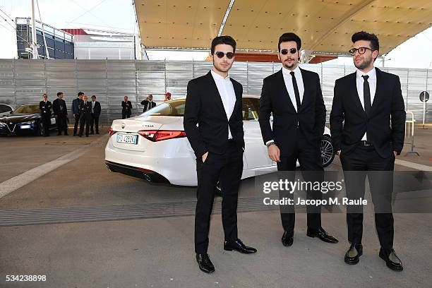 Piero Barone, Gianluca Ginoble and Ignazio Boschetto of Il Volo arrive at Bocelli and Zanetti Night on May 25, 2016 in Rho, Italy.