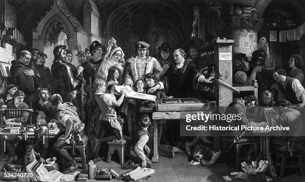 An engraving by Frederick Bromley of William Caxton showing the first specimen of his printing to King Edward IV. | After: Daniel Maclise.