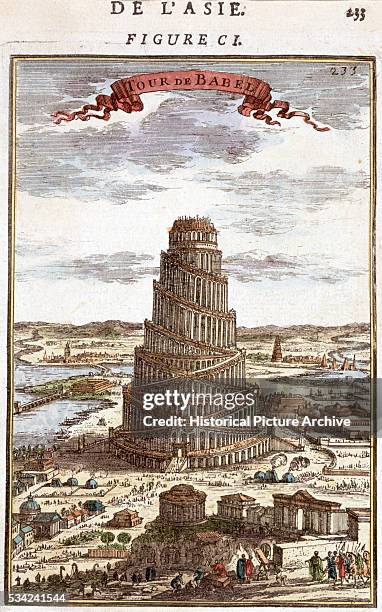 Hand-colored copper engraving by A.M. Mallet depicting the Tower of Babel. Circa 1683.