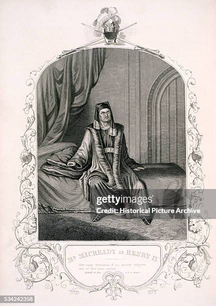 An engraving of Mt Macready as King Henry IV in Shakespeare's Henry IV, Part II.