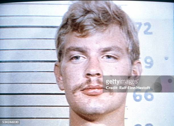 Serial killer Jeffrey Dahmer shown in a police mug shot from his 1982 arrest at the Wisconsin State Fair for indecent exposure.