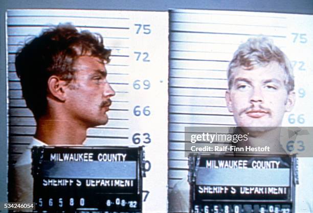 Serial killer Jeffrey Dahmer shown in a police mug shot from his 1982 arrest at the Wisconsin State Fair for indecent exposure.