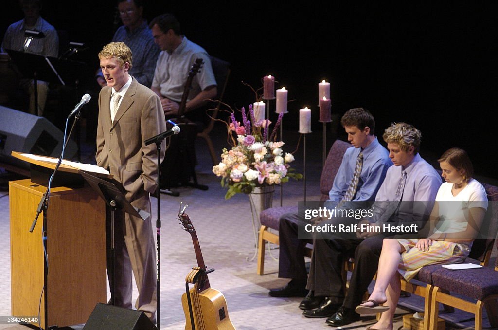 -Aryn Linenger, boyfriend of Laura Van Ryn speaks at the memorial ...