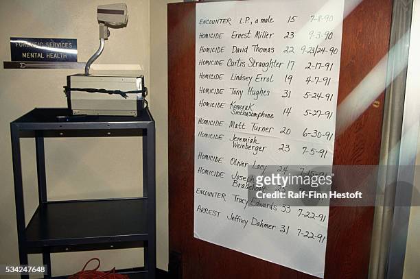List of victims' names and the dates of their murder hangs next to an overhead projector during the trial of serial killer Jeffrey Dahmer. Dahmer...