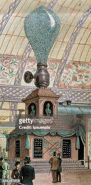 The engraving represents the giant electric lamp as one of the several inventions of Thomas Alva Edison . Exposition Universelle of 1889, Paris....