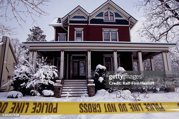 Yellow police tape marks the crime scene at the home of Marilyn Lemak in Naperville, Illinois. Lemak murdered her three children in their home and...