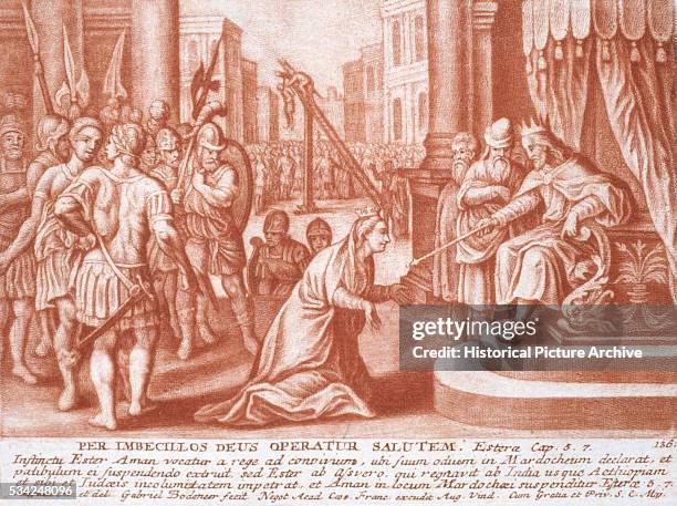 An illustration of scenes from Esther Chapters 5 and 7 in the Bible, in which Queen Esther comes to King Xerxes and asks the presence of him and...