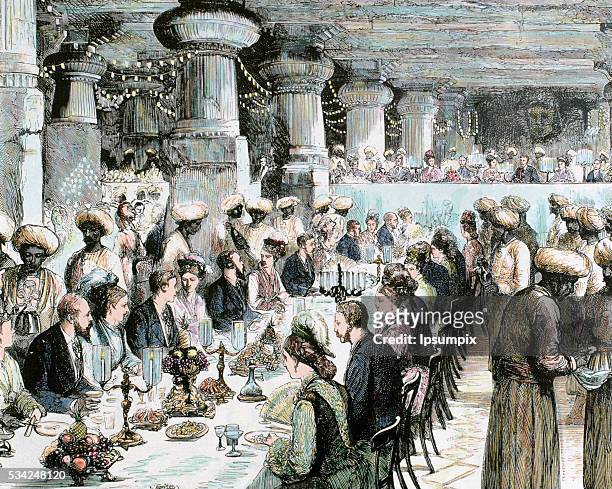 Travel to India of the Prince of Wales. Gala Dinner held in the Underground Temple of Elephanta on the occasion of the visit of the Prince. Recorded...