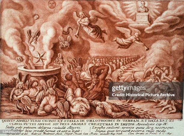 An illustration of a scene from Revelation Chapter 9 in the Bible in which a star from heaven opens the Abyss from which locusts with human faces...