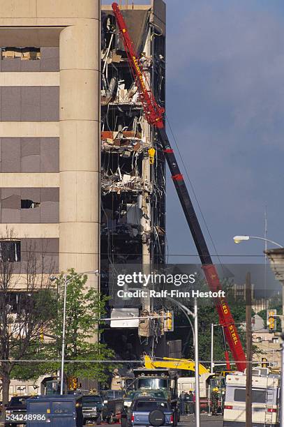 Nothing but rubble remains of the front side of the destroyed Federal Building in the Oklahoma City bombing aftermath. On April 19th a...