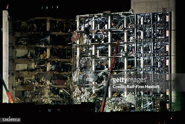 Nothing but rubble remains of the front side of the destroyed Federal Building in the Oklahoma City bombing aftermath. On April 19th a...