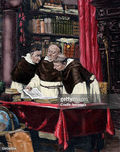 Monks reading a copy of the Gutenberg Bible. Engraving by O. Roth in "The Spanish and American Illustration" . Colored.