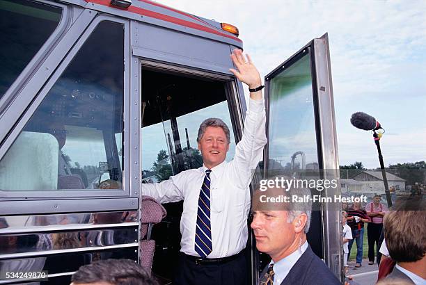 Bill Clinton waves from his tour bus at truck stop in St. Louis, Missouri. Clinton is on the Clinton/Gore Mississippi River Tour to campaign for the...