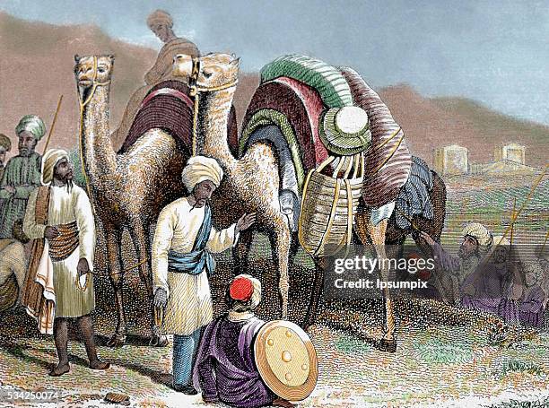 Silk Road. Caravan of camels resting. Antioch. Nineteenth-century colored engraving.