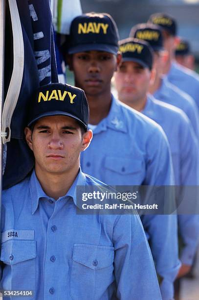 Group of US Navy recruits command marches during training at the Great Lakes Naval Training Station in Illinois.