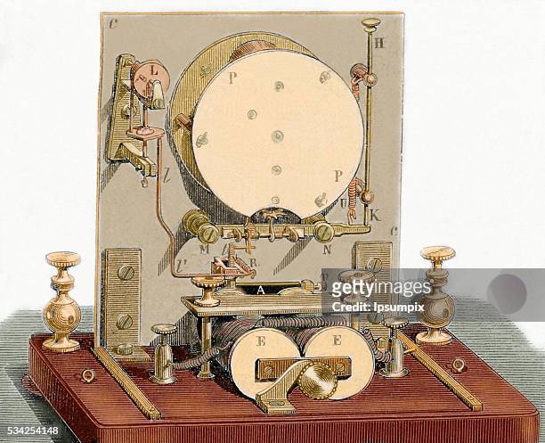 Electrical needle telegraph receiver developed in 1842 by Alphonse Foy and Louis Francois Clement Breguet . Back. Nineteenth century colored...
