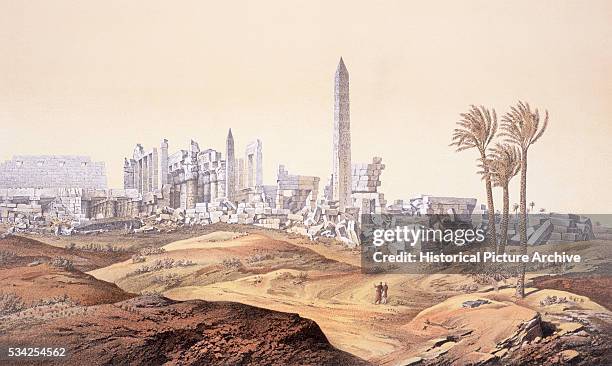 Color Illustration Depicting Ruins of the Hypostyle Hall and Granite Apartments of Karnak Temple Complex