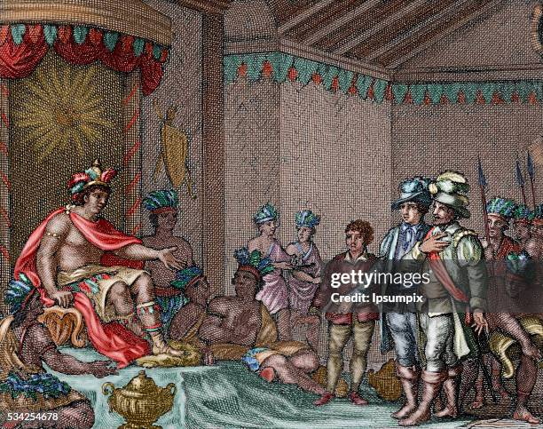 Atahualpa . Inca Emperor. Submission of the last Inca emperor to the spanish embassy of Francisco Pizarro, led by Hernando de Soto. Colored...