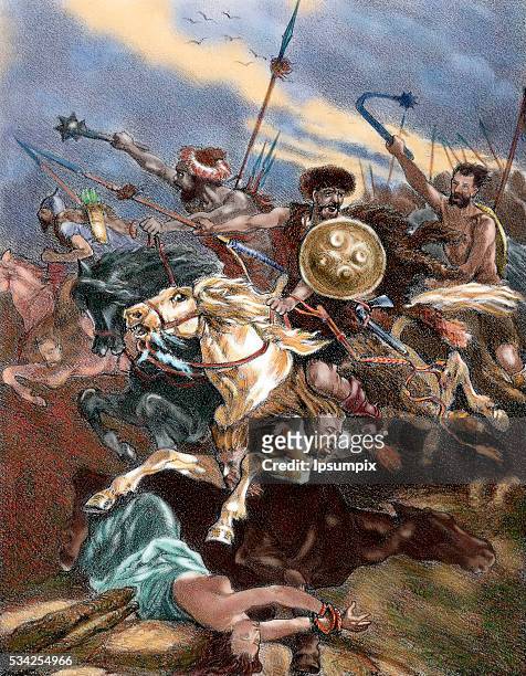 Invasion of the Iberian Peninsula by the Visigoths. Sixth century. Colored engraving.