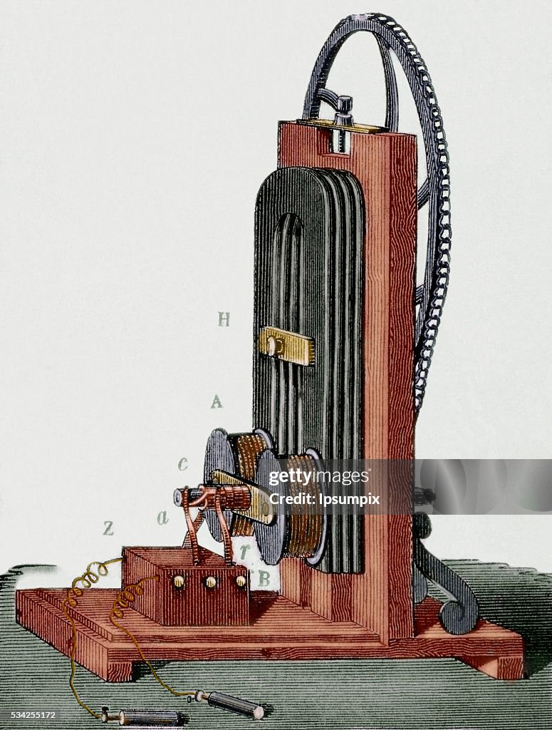 Magnetoelectric Machine by E. M. Clarke. 19th century. Colored engraving.