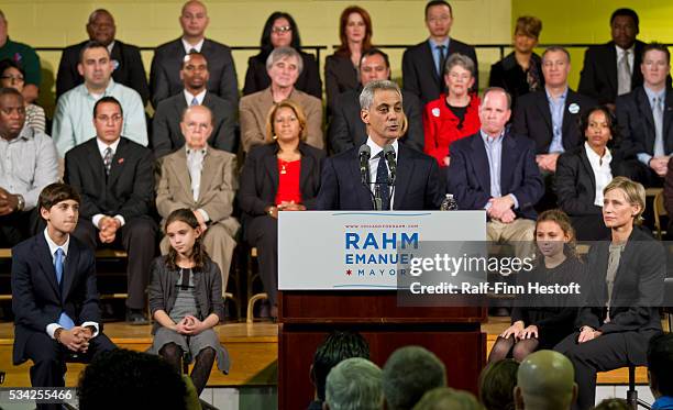 Former Illinois US Congressman and White House Chief of Staff Rahm Emanuel announces his candidacy for Mayor of Chicago at a rally at the Coonley...