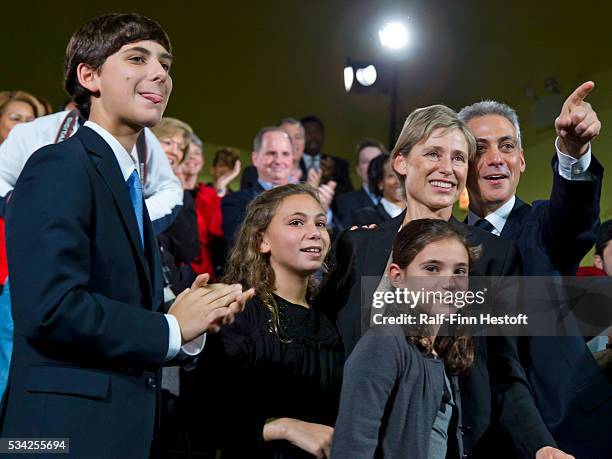 Former Illinois US Congressman and White House Chief of Staff Rahm Emanuel is surrounded by his family, son Zach, daughters Lea and Ilana and his...