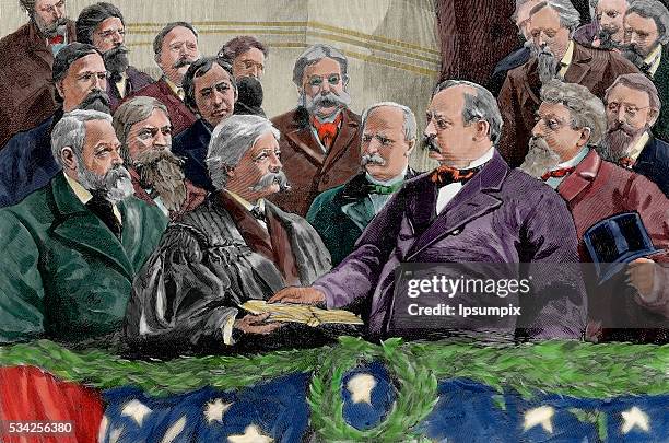 Grover Cleveland . President of the United States. Proclamation of President Cleveland. Engraving by Rico in The Spanish and American Illustration,...