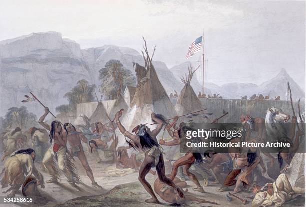 Indians fight outside the fort.