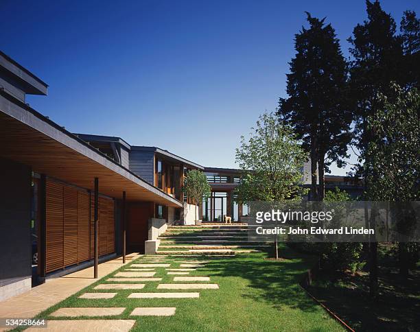massachusetts modern home: long walkway - long grass stockfoto's en -beelden