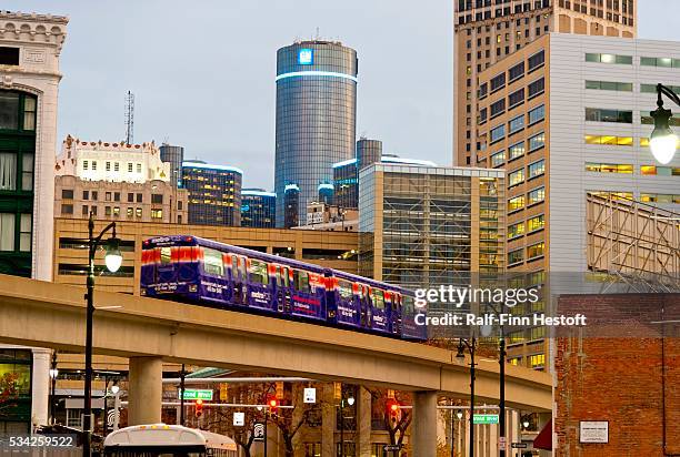 The Detroit People Mover elevated subway system runs through downtown Detroit, Michigan.