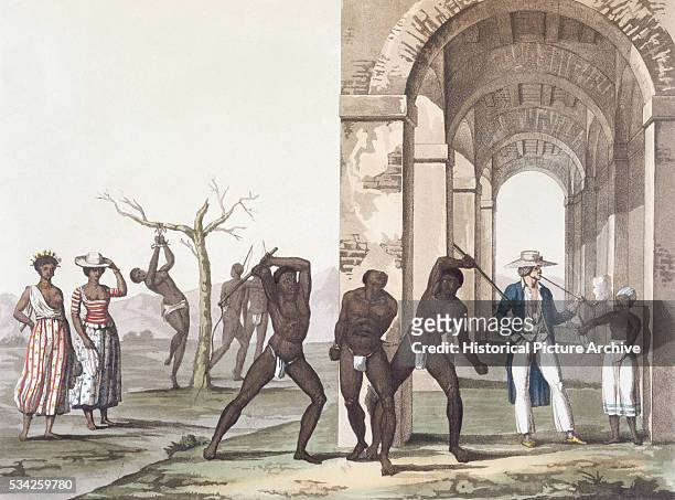 Print by D. K. Bonatti of a painting of black slaves punishing other slaves.