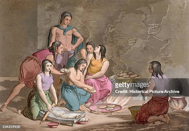 Print by Gallina from a painting depicting Aztecs making bread.